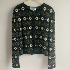 Papell Boutique Vintage Beaded Evening Jacket Black Silver Gold Embroidery Small